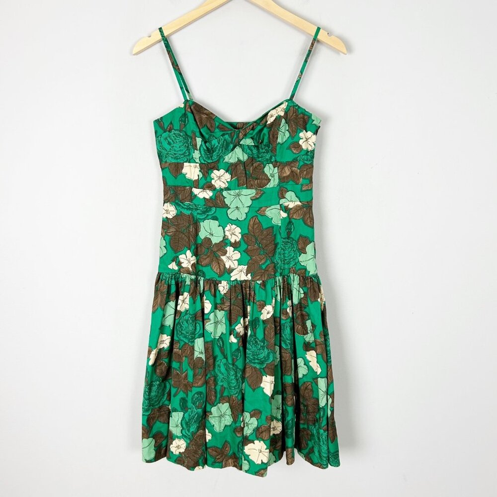 Anthropologie Moulinette Soeurs Green Floral Sun Dress Drop Waist Size 6P Women'